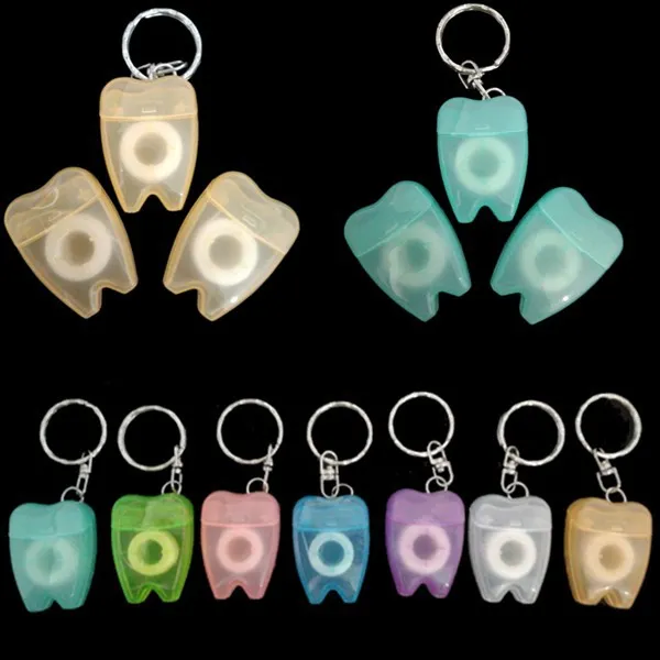 خيط الهدايا Keychain Favor Favor Dental Giveaways Mini Dental Floss مع شكل سن الأسنان مربع 15 متر 16 ياردة EEA1102-1-2