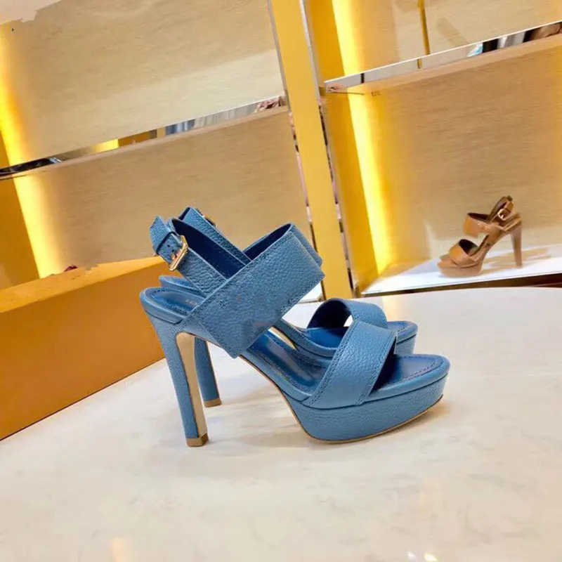 Blue High Heel 10.5cm Designer Fashion Casual Women Sandals Top Grade Genuine Leather High Quality Ladies Shoes Elegant Real Leather