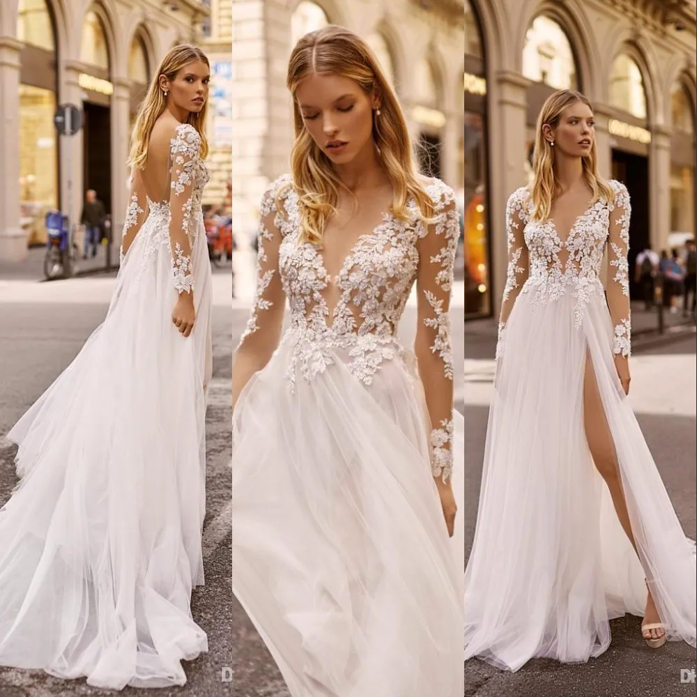 Sleeveless Beaded Illusion Neck Lace Chiffon Boho Bridal Dress