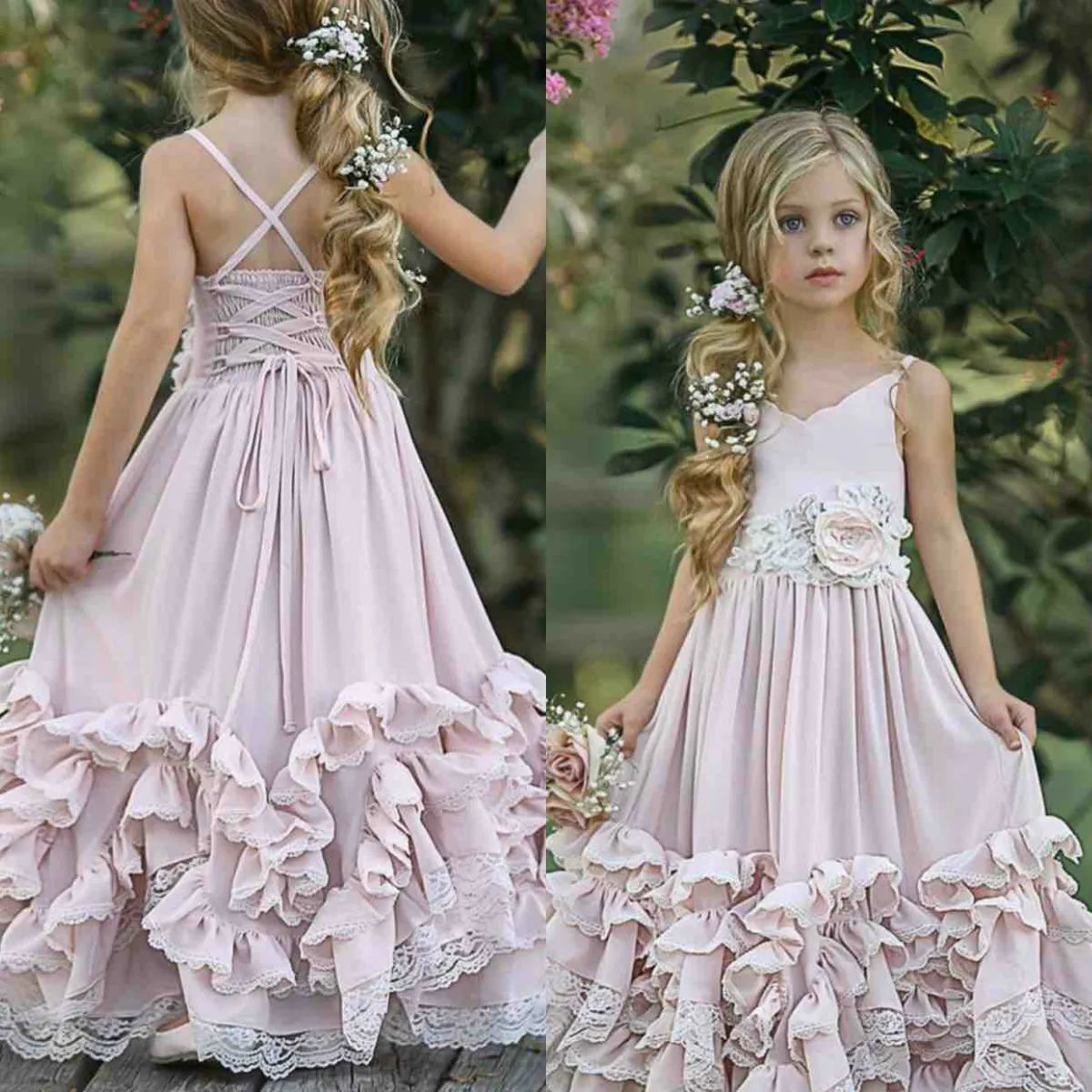 Pink 2020 Boho Flower Girl Dresses For Wedding Lace Appliqued V Neck Toddler Pageant Gowns Chiffon Kids Prom Dress