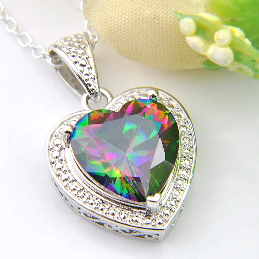 7 Pcs/Lot Heart-shaped Rainbow Mystic Crystal Zircon 925 Sterling Silver Plated Pendants Russia Australia USA Necklaces Pendants