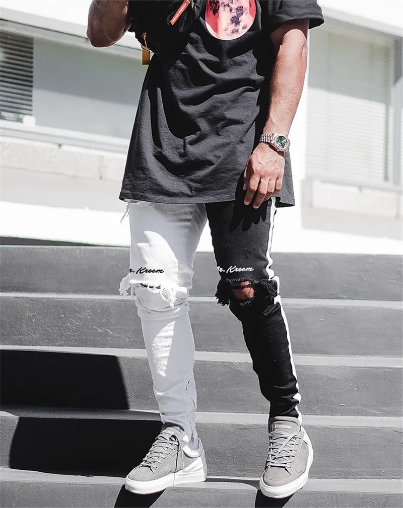 Mens Designer Jeans Autumn Casual Street Style Hole Black and White Letter Printed Pencil Pants Fashion Mens Jeans