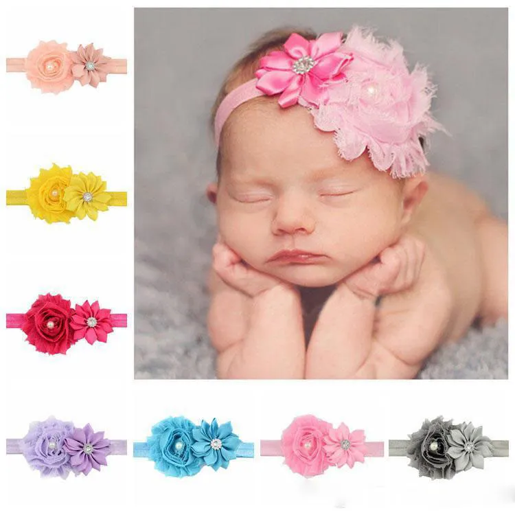 24Pcs Baby Rhinestone Flower Headband /Pearl Flower Headwear / Baby Girl Elastic Hair Accessories