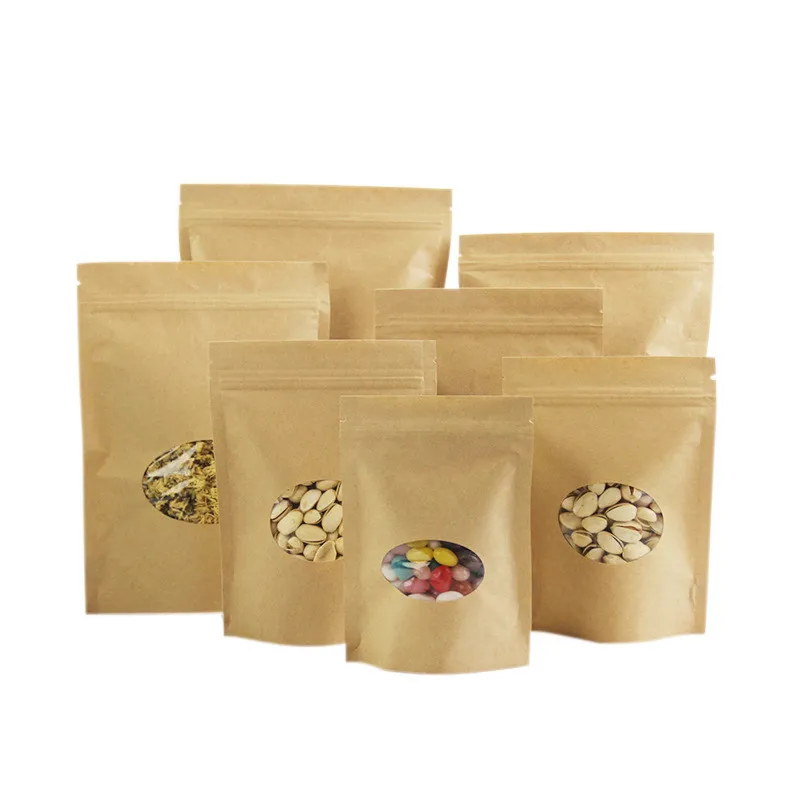 Stand-up Kraft-papieren zak met rond doorzichtig venster Food Tea Powder Party Gift Bag YQ01657