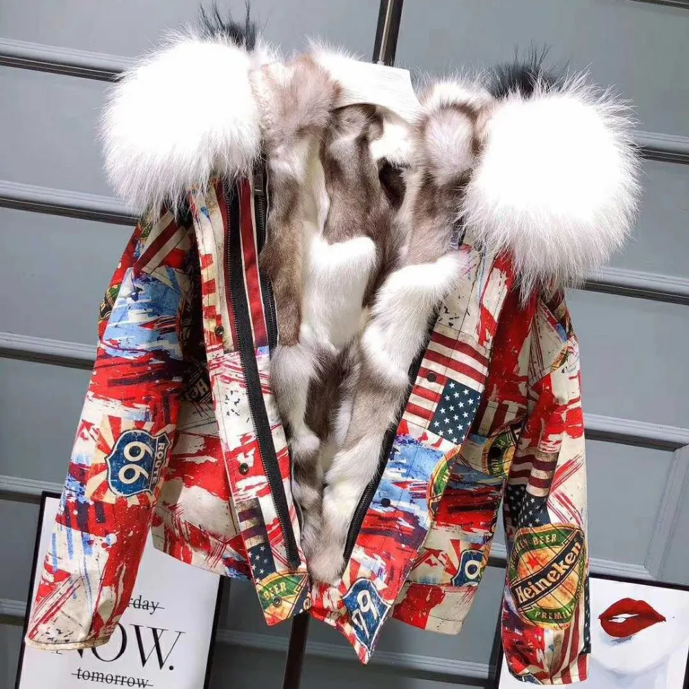 Winter Parkas 2018 Nowy Zagęścić Ciepły Streszczenie Print Jacket Real Fur Wewnętrzna Wewnętrzna Kurtka Zimowa Płaszcz Dla Kobiet