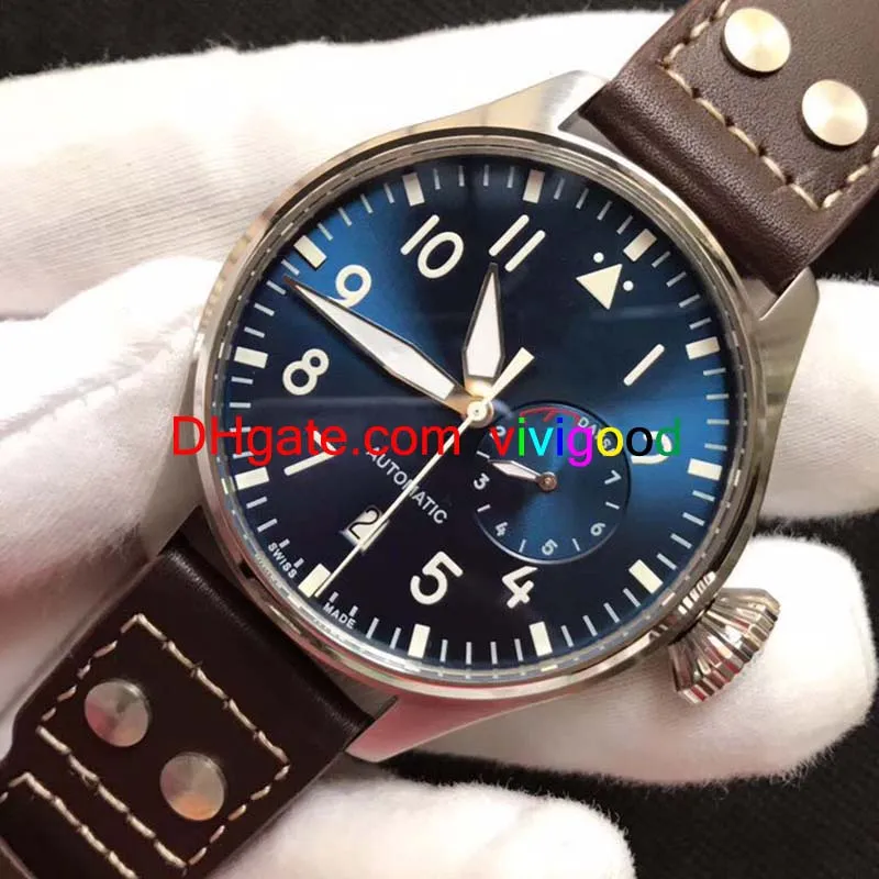 2018 relógio de pulso de luxo de alta qualidade, grande piloto, mostrador azul meia-noite, relógio masculino automático de 46 mm.