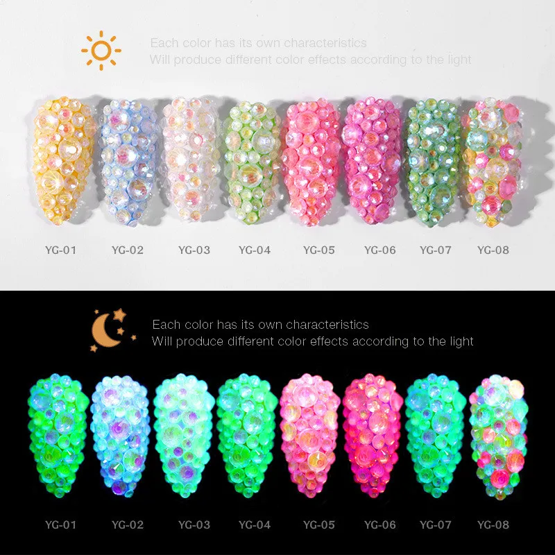 Blandad storlek Lysande kristall Nail Art Rhinestone Dekorationer SS6-SS20 3D Glitter Diamant Drill Jewelly Flatback Glöd i de mörka ornamenten