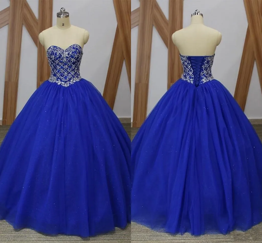 Pretty Royal Blue Princess Prom Klänningar Beading Crystal A-Line Tulle Stropless Corset Back Sweet 16 Dress Girls Party Graduation Formell Dres