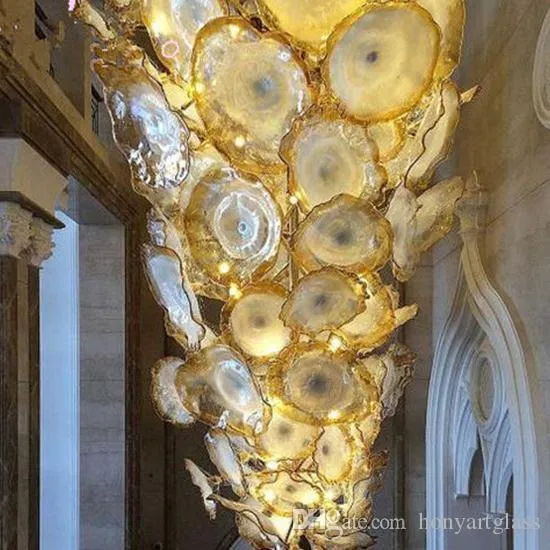 Royal Golden Cher Verre Soufflé À La Main Art Luminaire Fleur Murano Plaques Suspendues Lustre pour Hôtel Villa Étoiles Décor