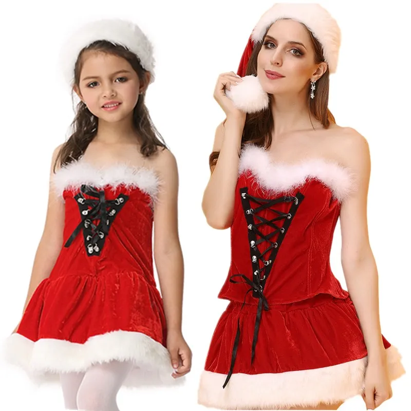 Costume de Mme Santa Tenue de Noël avec bordure pelucheuse blanche pour filles et femmes Corset à lacets Haut bustier et jupe Ensemble chapeau Clubwear M-XXL