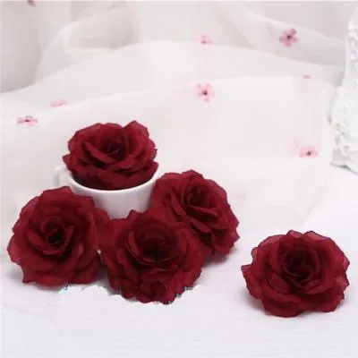 Testa di fiore rosa artificiale bordeaux da 8 cm per la decorazione di auto da matrimonio Regalo di San Valentino Fai da te Orso rosa Vino rosso Fiori finti