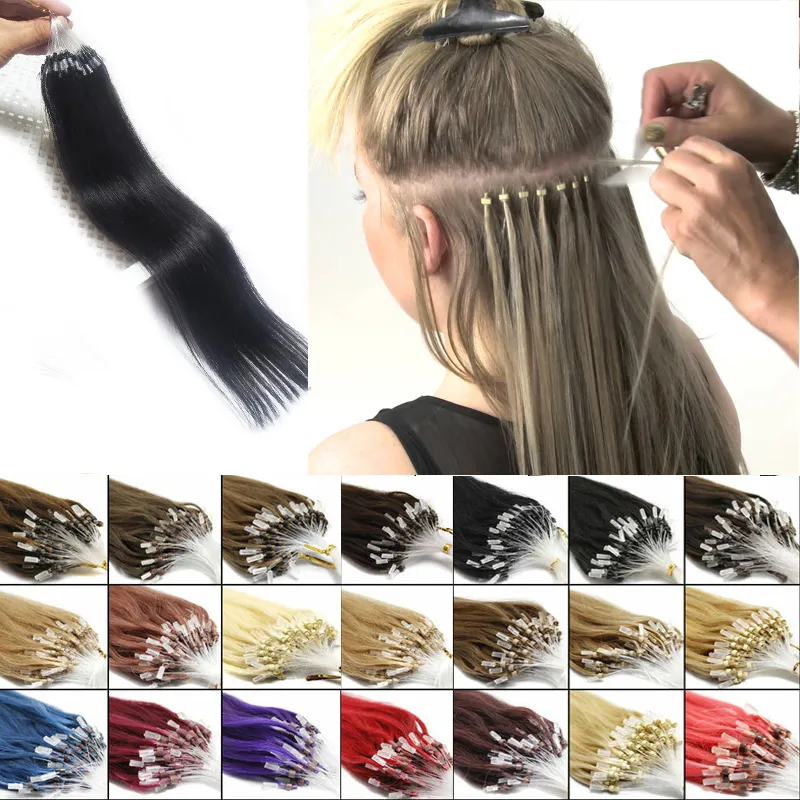 Loop Micro Ring Hair Extension 100% Remy Human Hair Extension Nano Ring14-24In Naturlig Svart Brun Blondin 10 Färger 100s / Pack Cheap