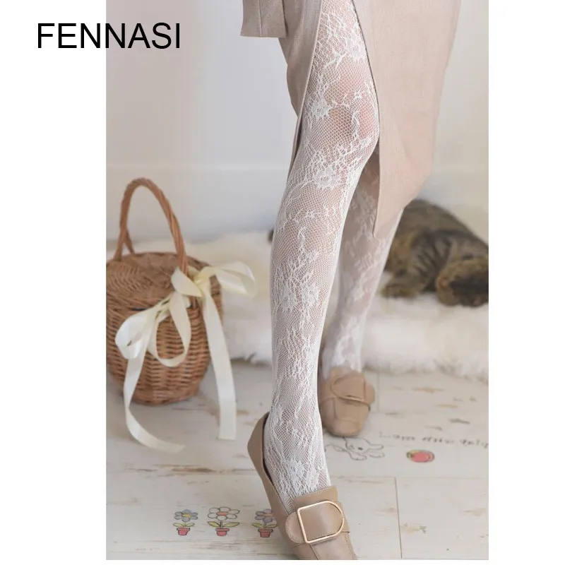 FENNASI Womens Lace Classic Stockings Sexy Milky White Pantyhose