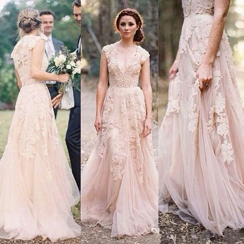 V Neck Appliqued Blush Wedding Dresses Spring Autumn Country Bridal Dress for Brides