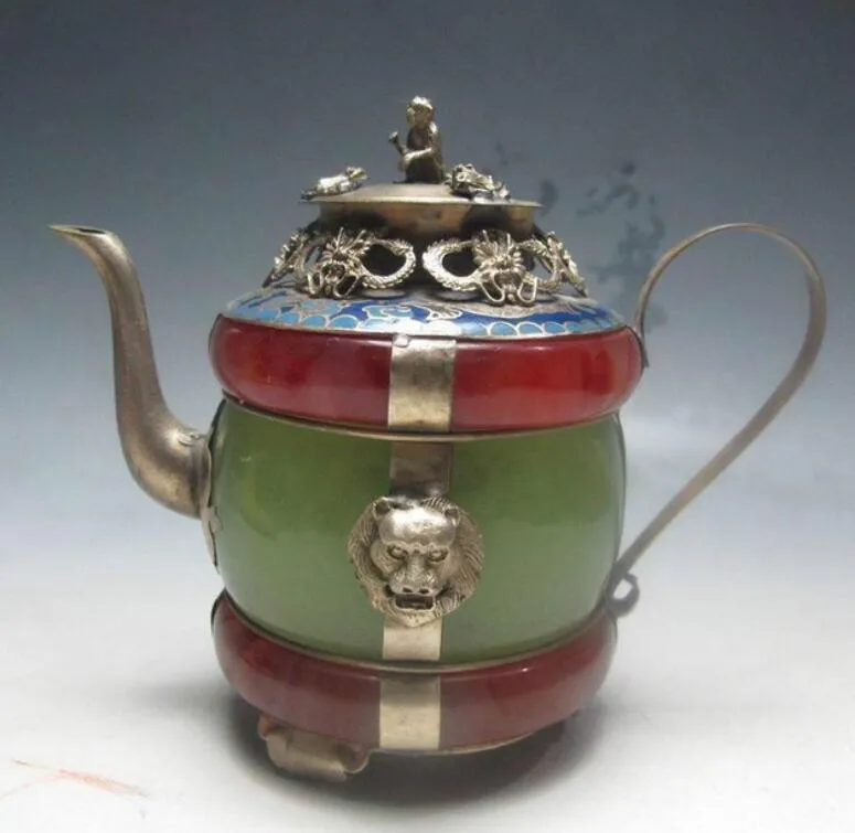 Teiera con drago d'argento tibetano in cloisonne decorata da collezione