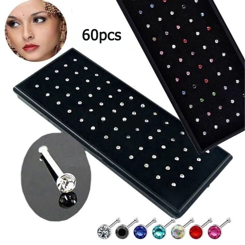 Erstaunliche 60 teile/satz Kristall Strass Nasenring Edelstahl Körperschmuck Nasenstecker Piercing Frauen Mode-accessoires