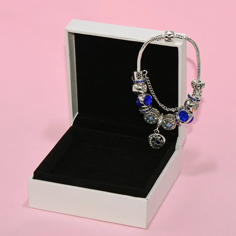 Fashion Blue Charm Pendant Bracelet for Pandora Jewelry Silver Plated DIY Star Moon Beaded Bracelet with Box