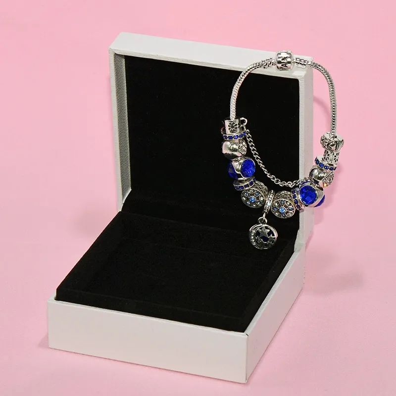 Mode Bleu Charme Pendentif Bracelet pour Pandora Bijoux Argent Plaqué DIY Étoile Lune Perlé Bracelet avec Boîte