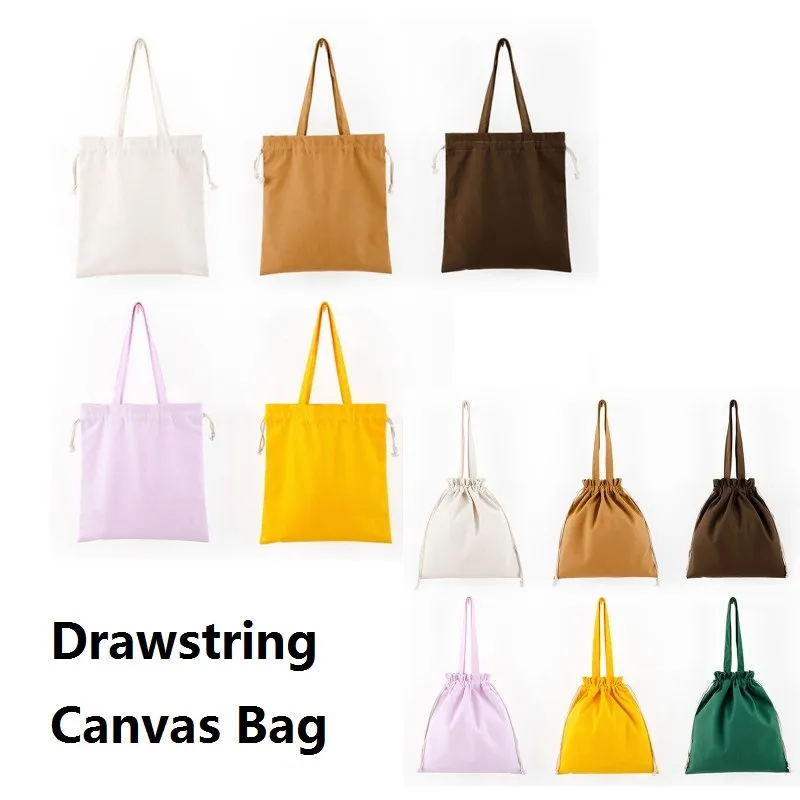 Blank Drawstring Canvas Bag Drawstring Ryggsäck Canvas Rope Pulling Storage Väskor DIY Drawstring Tote Shopping Väskor