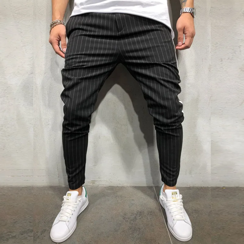 Fashion-Pantalon à la cheville pour hommes Streetwear Side Stripes Pantalon à carreaux Casual Slim Fit Street Fashion