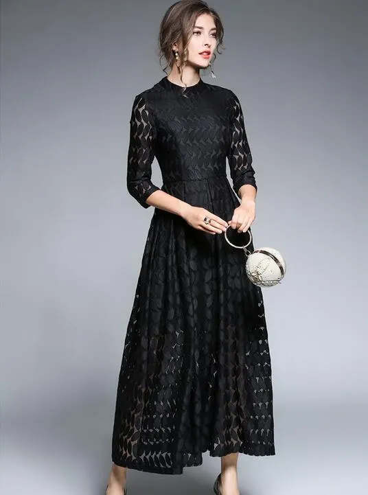 Vintage ankle-length black lace dress for women with 3/4 sleeves and crew  neck from Dhgate Basic & Casual Dresses - price 25.13