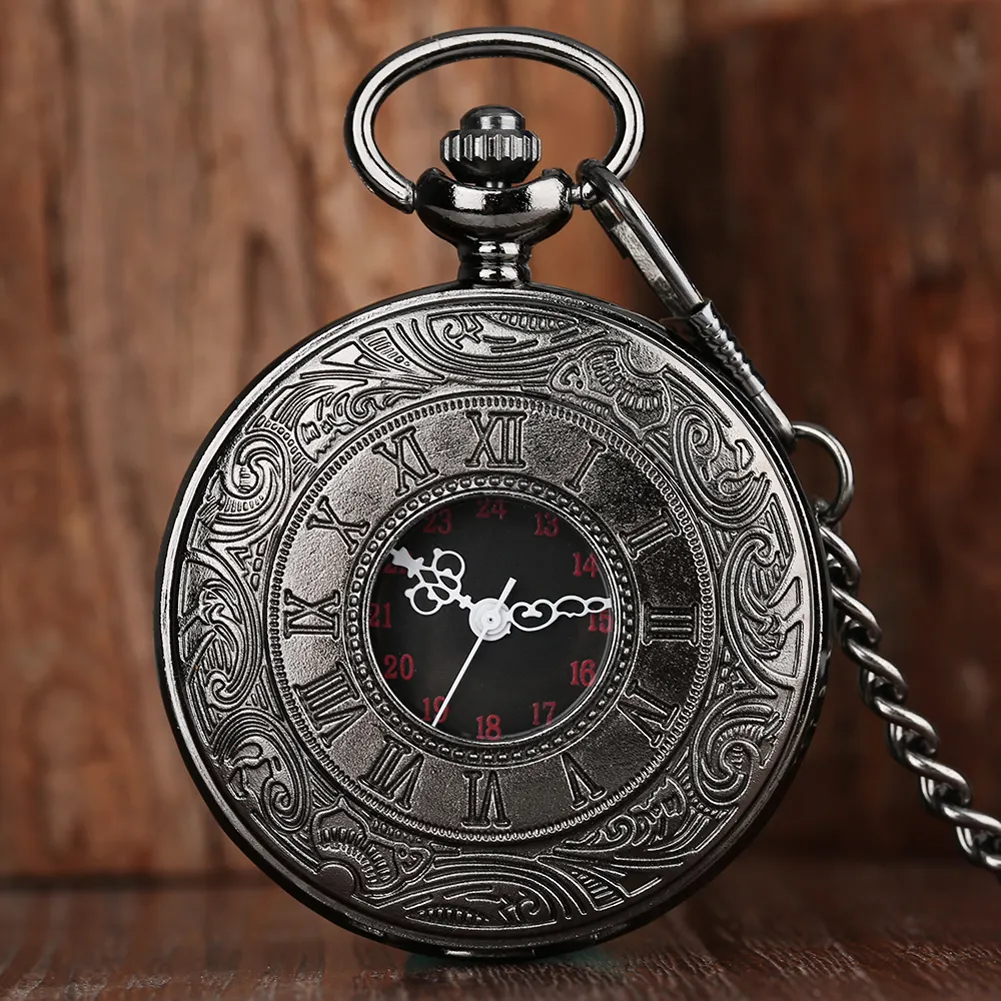 Orologio da taschino al quarzo con design della cassa scavato nero Steampunk antico, orologio da taschino da uomo, donna, display analogico, collana, catena regalo