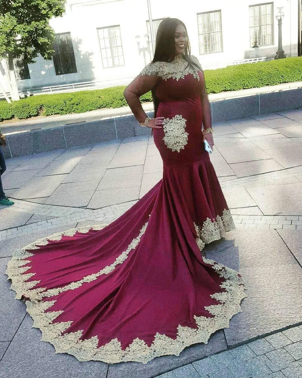 2020 Plus Size Ragazze africane Abiti da sera per occasioni speciali Collo alto Applique in oro Illusion Manica lunga Prom Abito da festa nuziale ogstuff