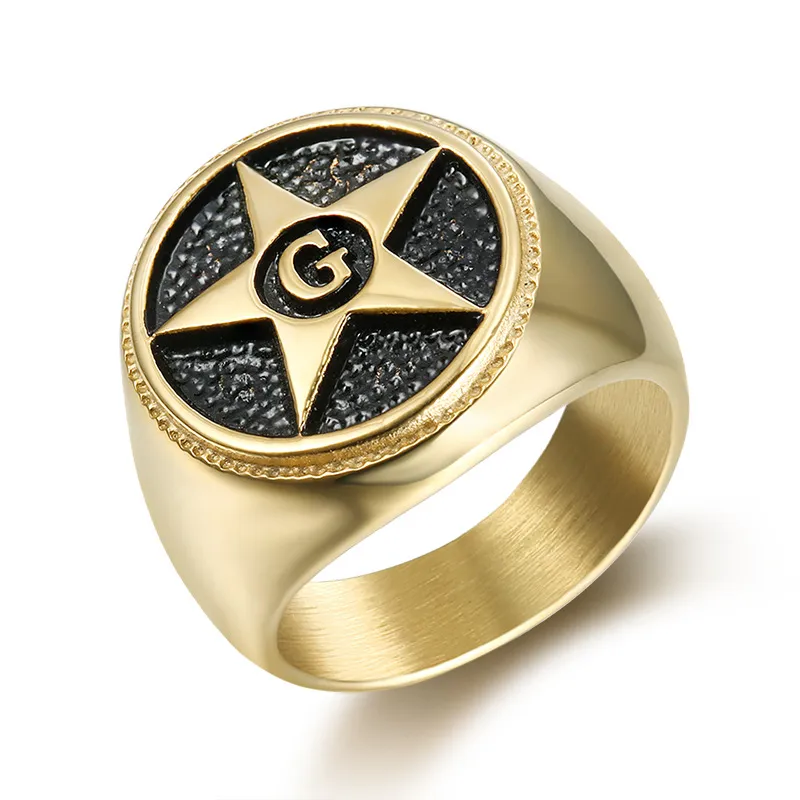 Nieuw op Koop Rvs Heup Hop Shining Gepolijste Masonen Masonic Signet Ring Vrijmetselaars Ronde Top Star G Symbool Ringen Sieraden voor Mannen