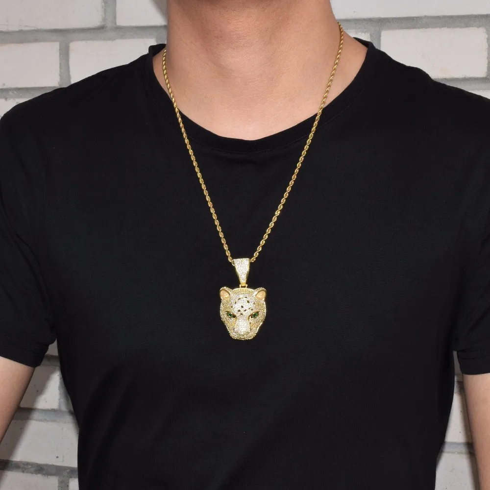 Bijoux Hip Hop étoile en or, pendentif tête de léopard pour hommes, colliers d'animaux, Rock Street Ice Out, collier avec chaîne 333e