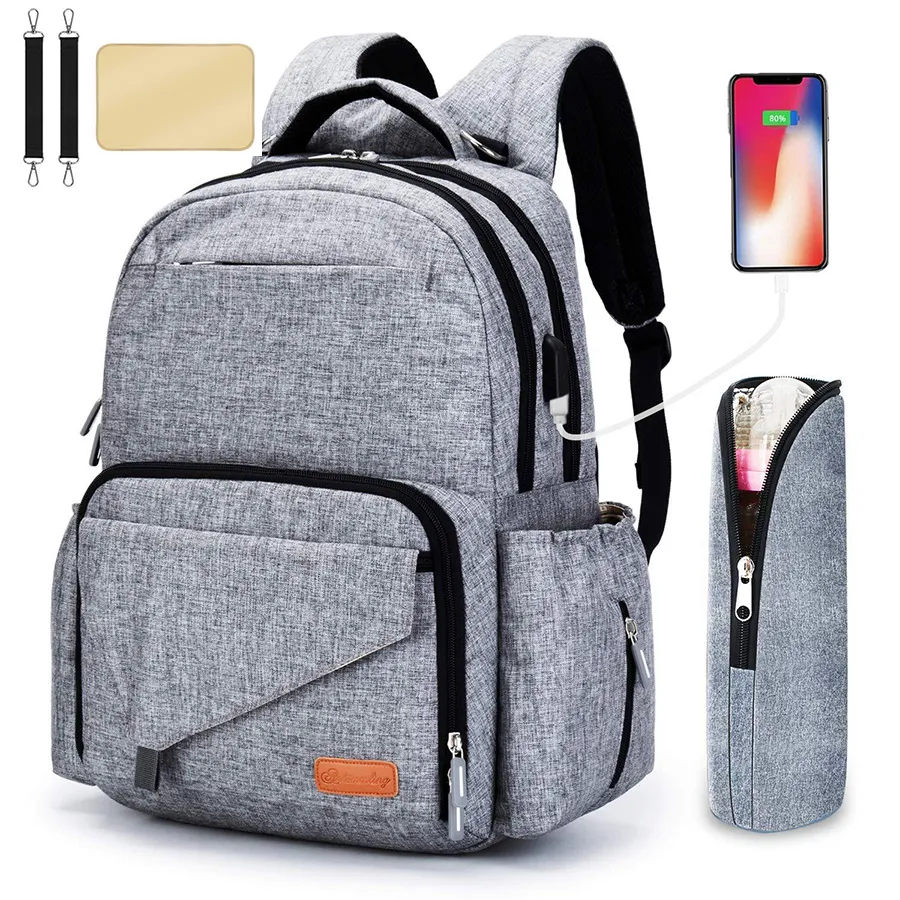 Bolsas de pañales informales de negocios para mamá y papá con correa de cochecito USB, bolsa para biberones, mochila multifunción de gran capacidad para madre M087