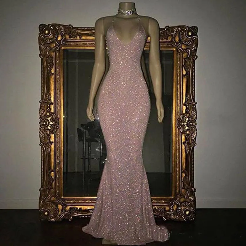 2018 Impresionantes vestidos de fiesta con lentejuelas rosadas Vestidos de fiesta de sirena con tirantes finos sexy Vestidos de noche sin mangas