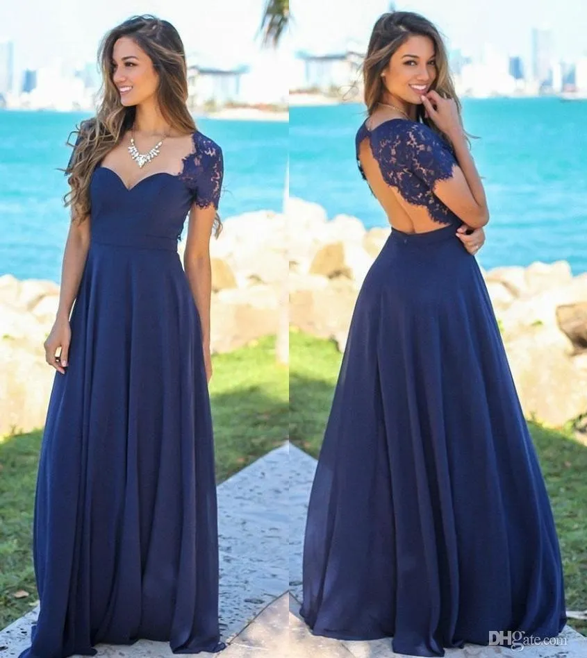 Novo Azul Marinho Blush Country Vestidos de Dama de Honra Scoop Hollow Back Lace Top Chiffon Praia Jardim Convidado de Casamento Vestidos de Dama de Honra HY4019