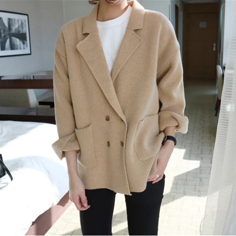 Cashmere Cardigan suéter de las mujeres del puente del invierno sólido coreano Blazer suéter botón de gran tamaño Cardigan Harajuku doble botonadura Nuevo V191019