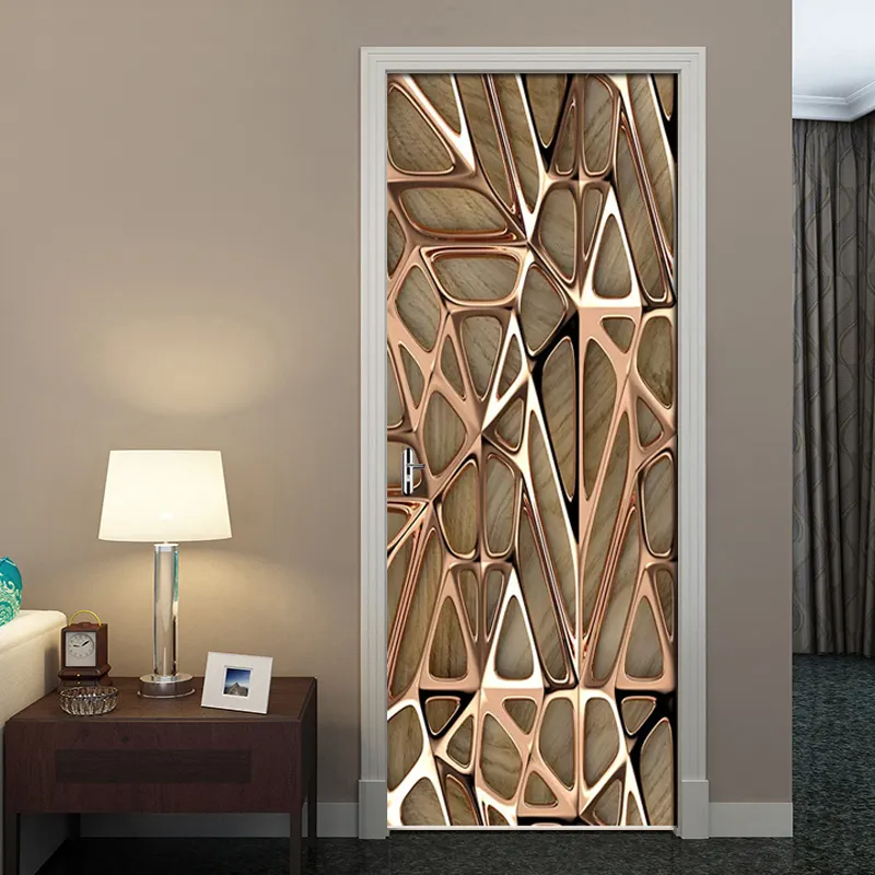 2 Pz / set Rose Gold Motivo geometrico 3D Adesivo per porte da parete Autoadesivo Carta da parati impermeabile Decalcomanie Decorazioni per la casa Adesivo da parete per porte T200331