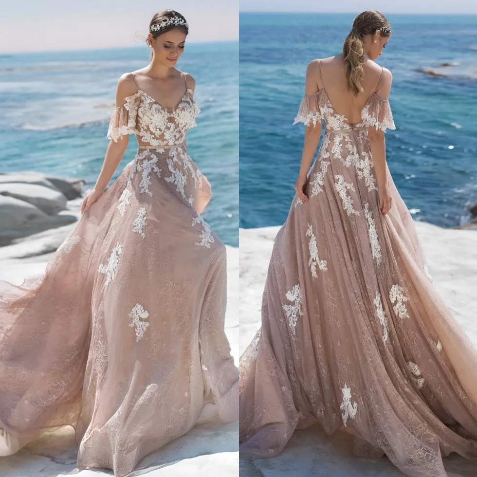 Elegante Lace Backless casamento de praia Vestidos Alças V Neck mangas Appliqued vestidos de noiva Tulle Trem da varredura robe de mariée