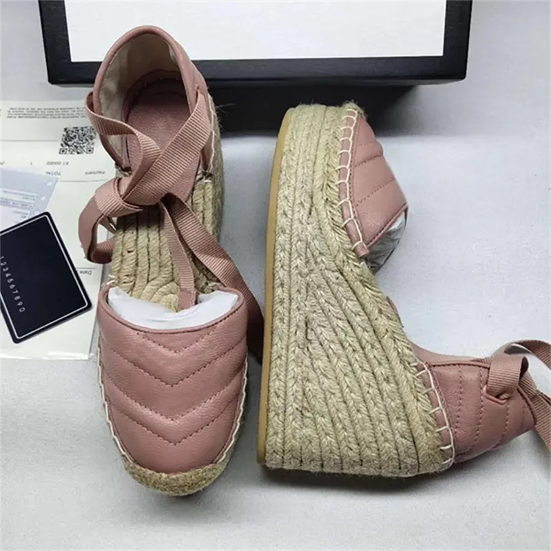 Women Leather Wedge Platform Espadrille Matelass￩ Leather Fashion grosgrain Cord Platform Sandal Calfskin Canvas Heel Heels Designer Shoes