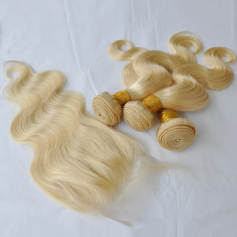 Elibess Brand 4x4 Closure 3pcs/partie Deep Blond Blond Human Hair Kinky Curly Body Wave 613 Blond Bundles z zamknięciem