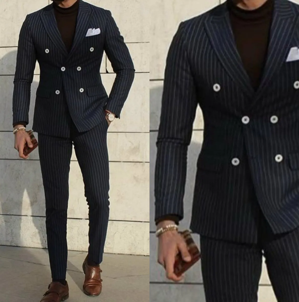 Stripe Mens Suits Slim Fit Tuxedo Wedding Piece Jas Pant Designs Past voor Bruiloft Mens Formele Prom Kleding Twee stukken (jas + broek)