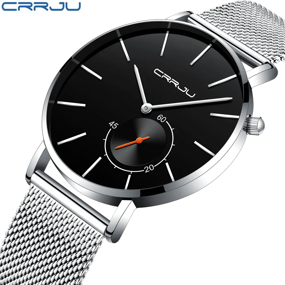 New Fashion Simple Men Watch CRRJU Unique Design Black Casual