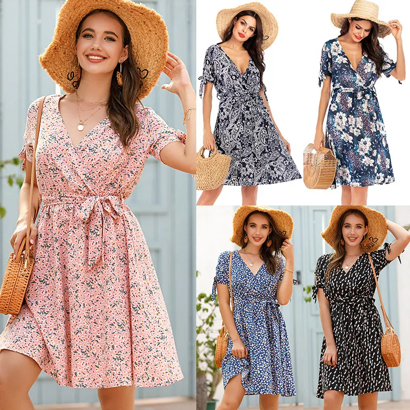 The latest chiffon floral big swing ladies summer dress long skirt Casual Dresses