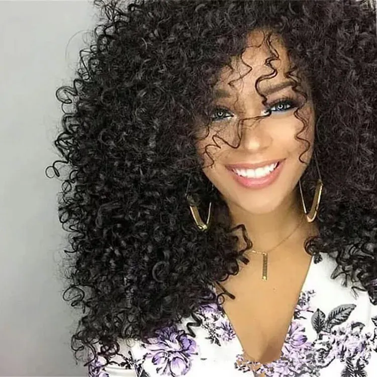 Hot Popular Naturlig Svart Black Curly Wavy Lång Billiga Pärlor Med Baby Hår Värmebeständig Gluvlös Syntetisk Snörning Framkar