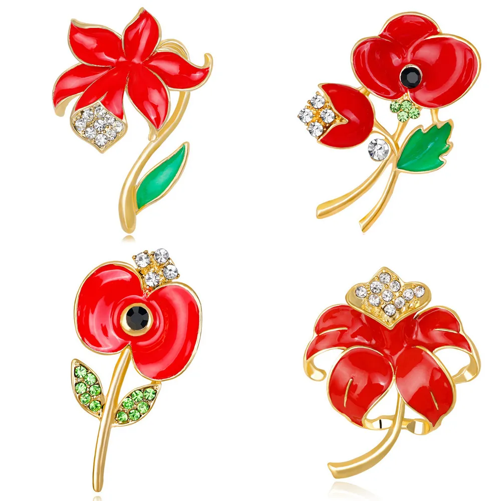 Novos Designs esmaltados Poppy Flor Broche Festivo Festa Fontes Red Strass Flower Pins UK Remembrance Sunday Lembrança Presentes