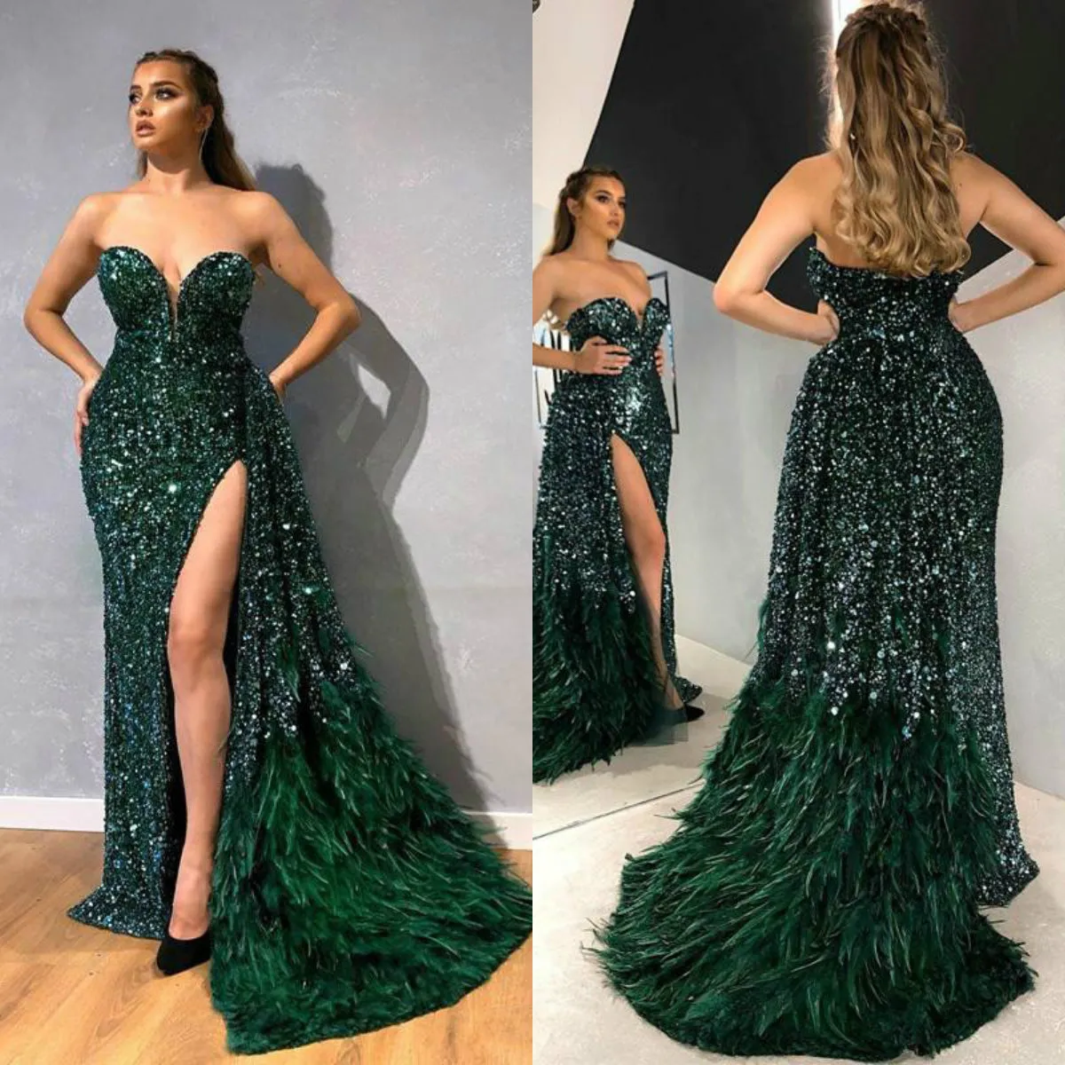 Sexy Dark Green Side Split Prom Dresses Sweetheart Sequined Feather Long Cocktail Party Dress Customized Sweep Train Evening Wears