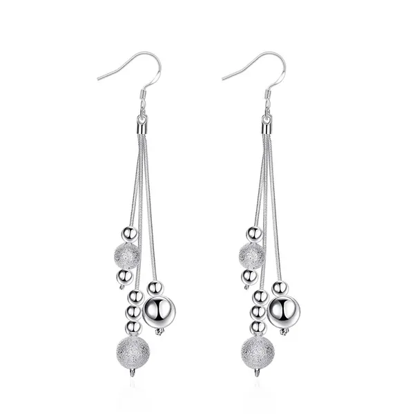 Pendientes de plata esterlina chapados en tres líneas con múltiples cuentas DJSE06 tamaño Longitud: 10 CM; placa de plata 925 para mujer Pendiente de joyería de araña colgante