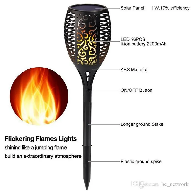 DHL 96LED Solar-Fackel-Lichter, wasserdicht, flackernde Flammen-Fackel-Lichter, Solarstrahler für den Außenbereich, Landschaftsdekoration, Beleuchtung von Dämmerung bis Morgendämmerung