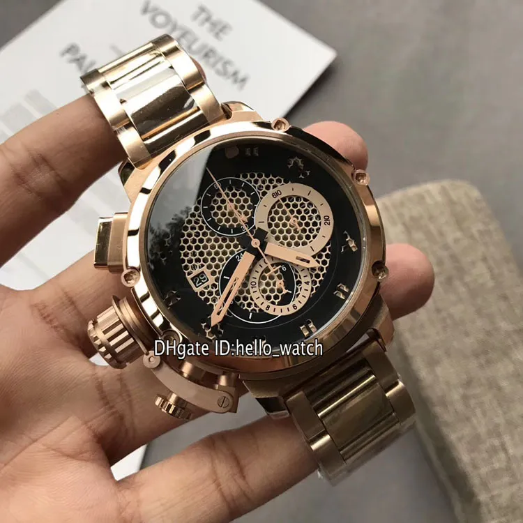 Mancino 50mm U-51 U51 Chimera Bronze 7474 Quadrante scheletro nero Cronografo al quarzo Miyota Orologio da uomo Cinturino in acciaio oro rosa Cronometro