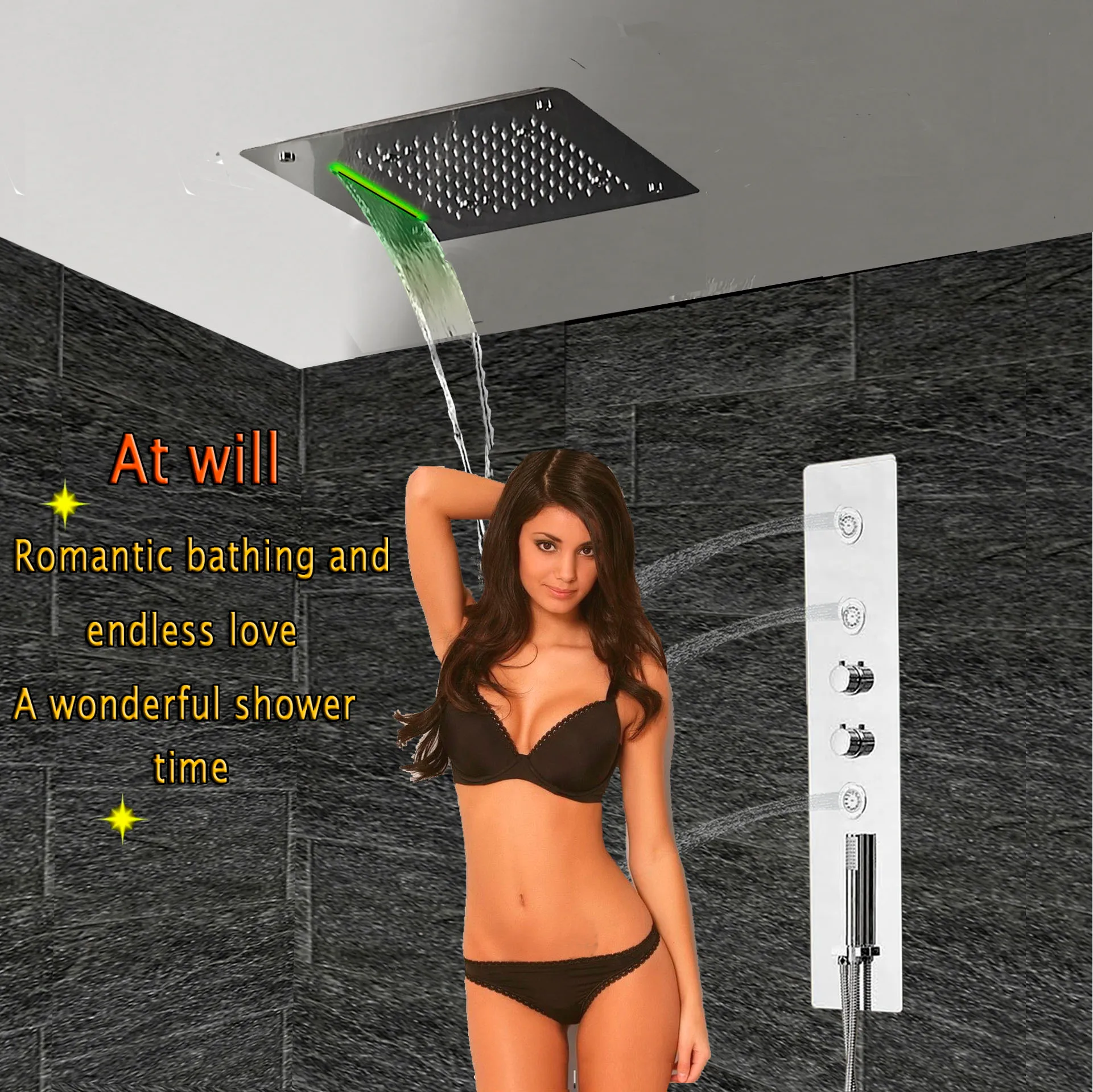 Wieoc Thermostatic shower faucet system LED rainfall shower combination massage mixing set faucet-20 inch Led