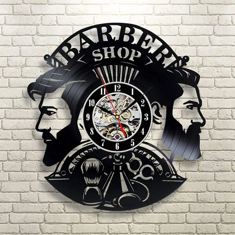 Barber Shop Wall Clock Modern Barbershop Decoration Vinyl Record Wall Clock Hanging Hairdresser Wall Watch for Barber Salon Y200110