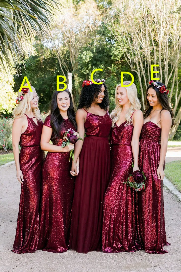Sheath Sexy Cheap Sequined Burgundy Bridesmaid Dresses Different Styles Same Color Plus Size Long Formal Prom Maid Of Honor Dresses 2019