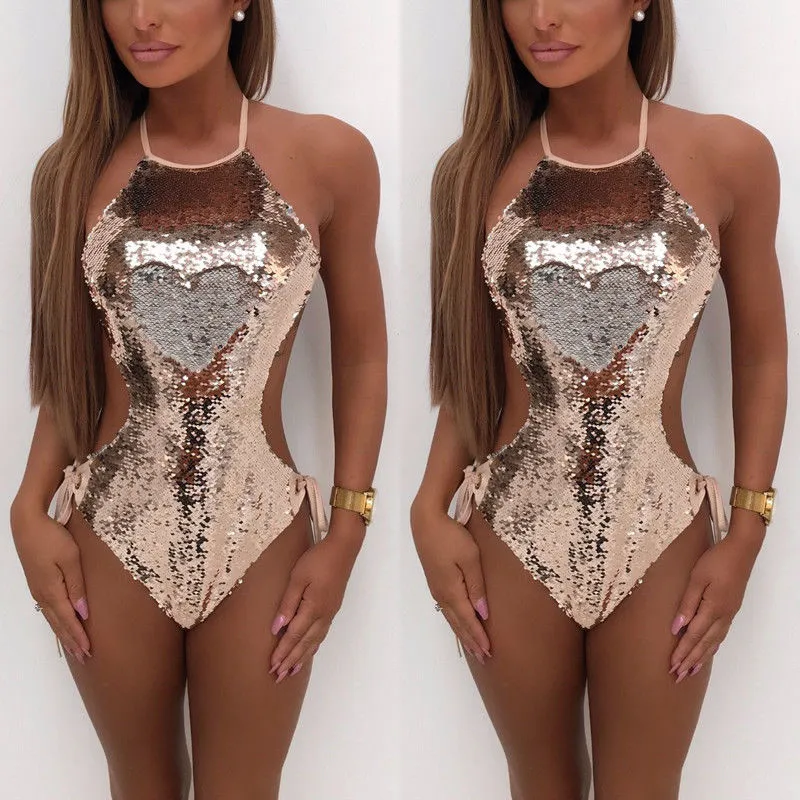 Artı Boyutu XXL Seksi Altın Yeşil Sequins Tek Parça Mayo Kadın Backless Push-Up Yastıklı Sütyen Mayo Monokini Bikini Mayo Monokini Bikini Mayo